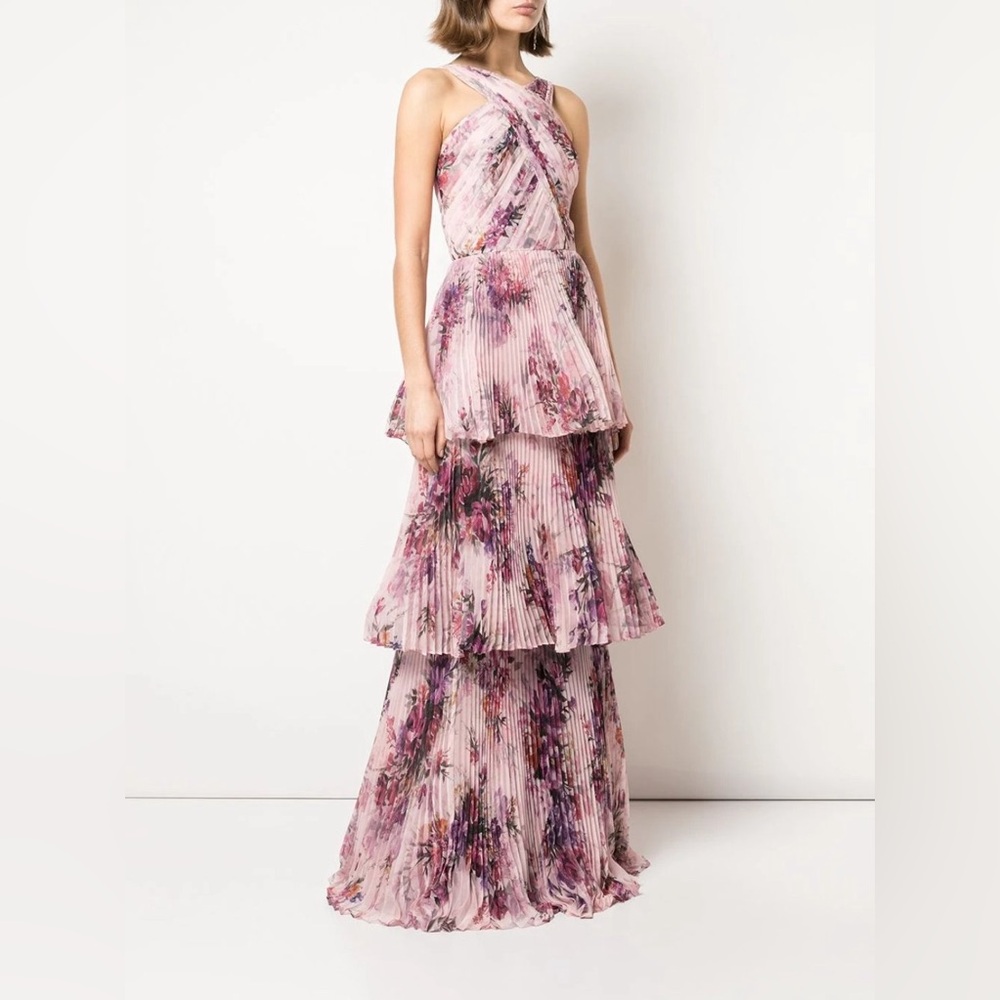 MARCHESA NOTTE Halter Pleated Printed Chiffon Gown In Pink Size 10